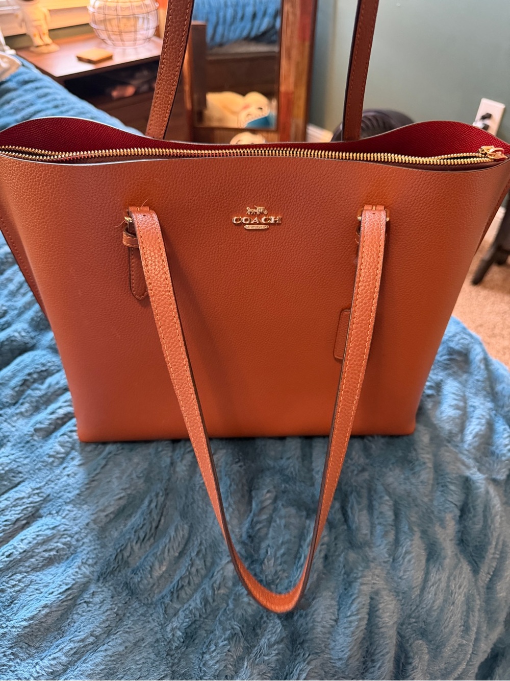 Coach Leather Tote in Saddle Brown with Red Interior
